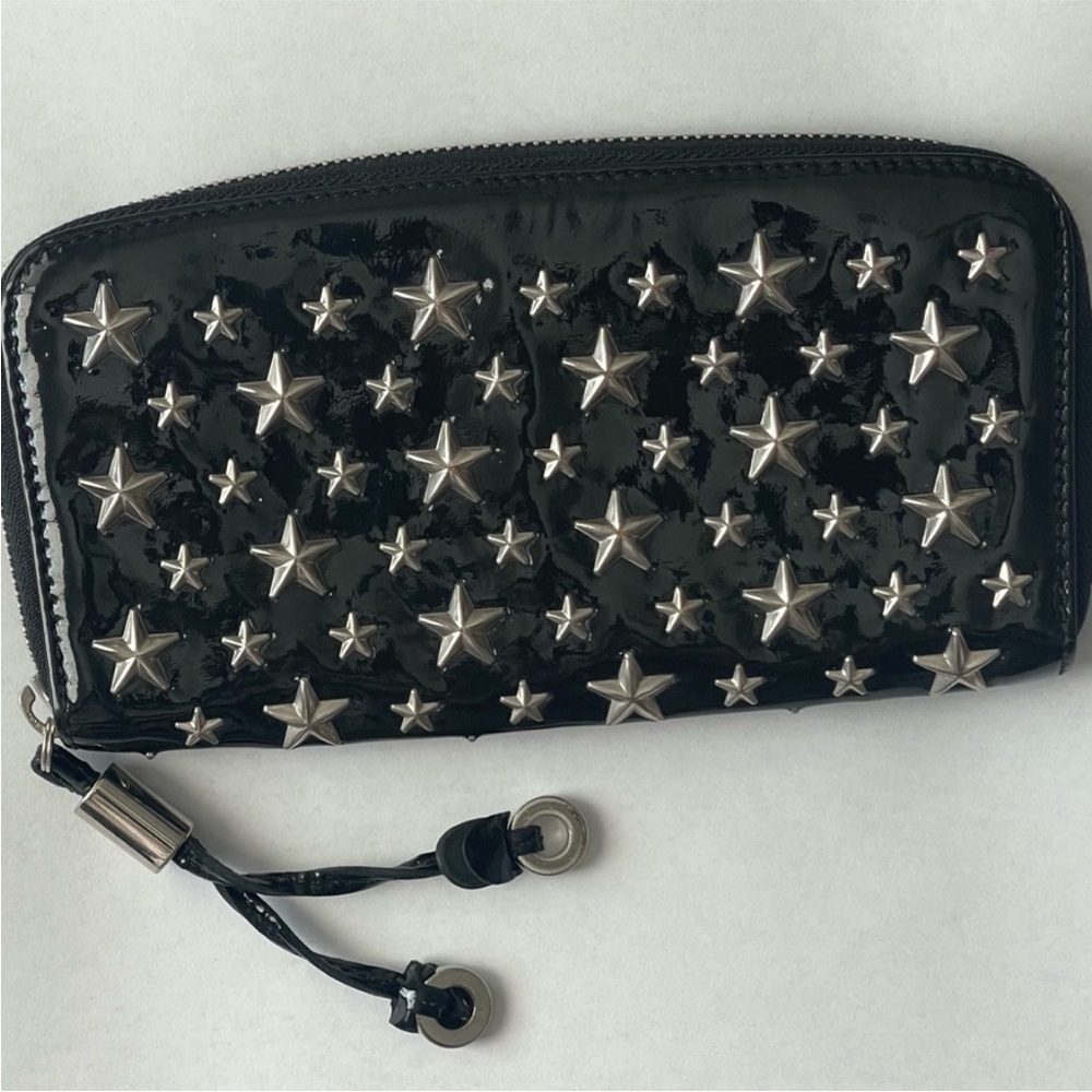 Jimmy Choo Black Patent Leather Wallet with Silver Star Studs